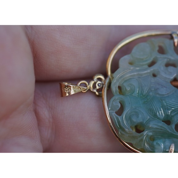 Antique 14k Solid Gold Natural Untreated Jadeite Jade & Diamond Pendant 28g - Picture 12 of 14